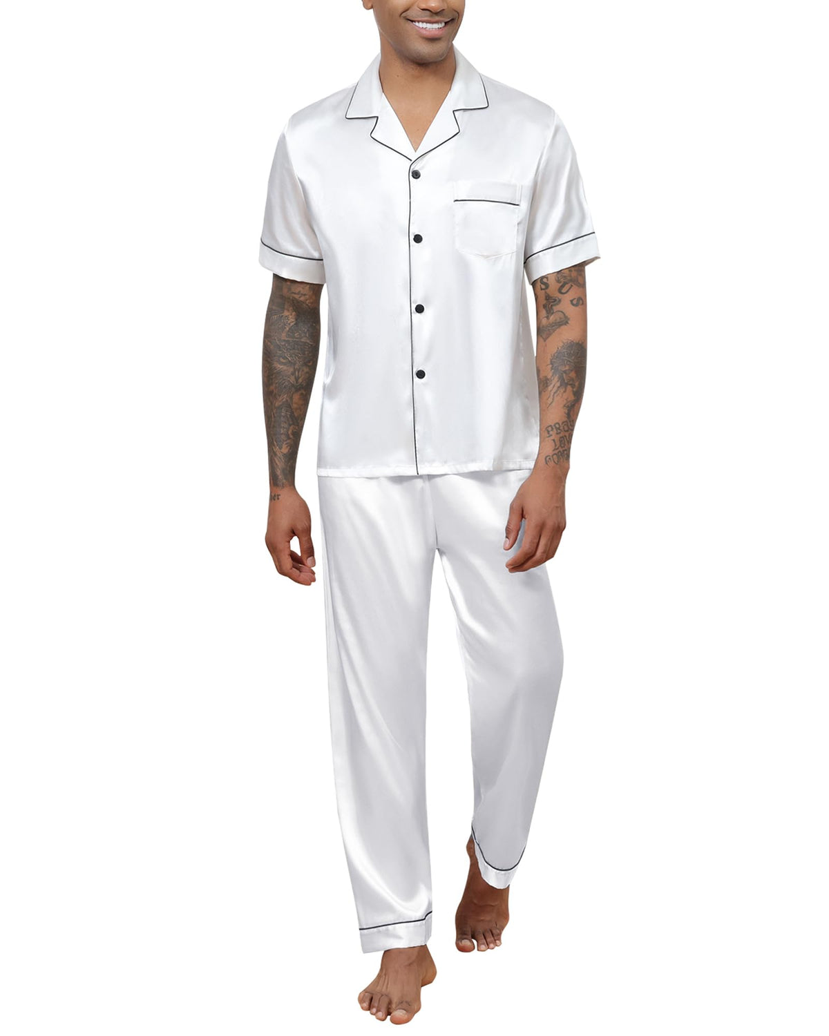 Reliwel Men's Silk Satin Pajamas Set 2 Piece Classic Button Up Pjs Sets Short Sleeve Tops & Long Pants Loungewear Sets White