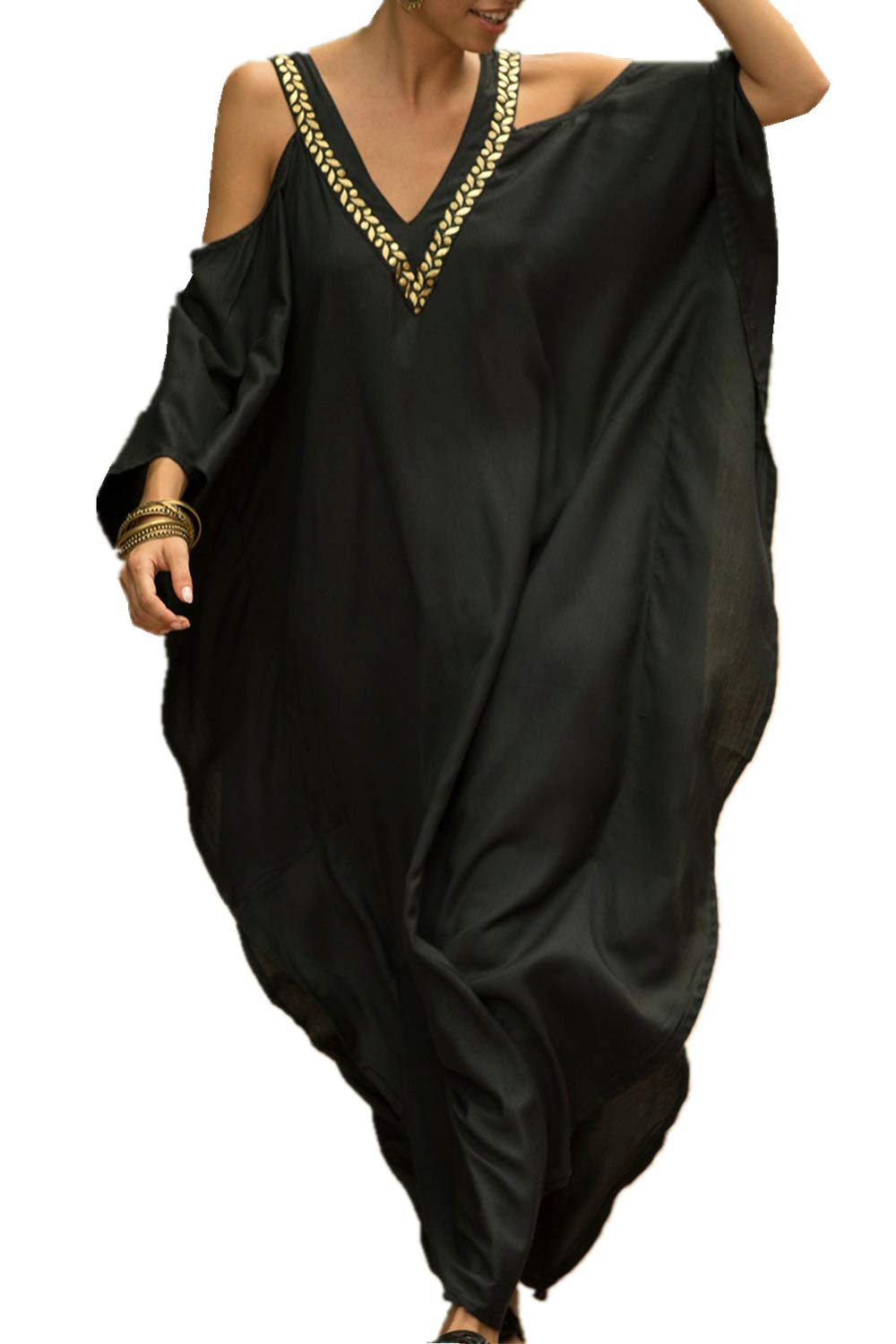 YouKD Wemon's Summer Long Kaftan Maxi Dress Bohemian Swimsuit Beach Cover Up Robes B Black