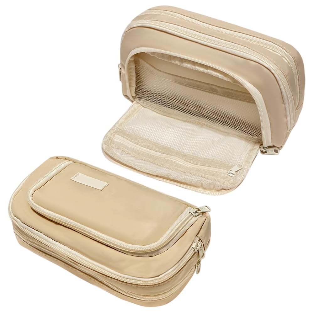 Liujiami Large Capacity Pencil Cases with 3 Compartments Student Pencil Bag Pouch Holder Office Organizer School Stationary Pen Bag Make-Up Pouch Cosmetic Bag for Girls Boys Kids Women Men, Beige