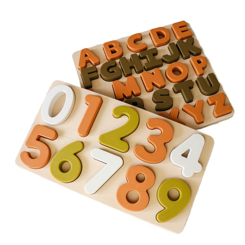 Silicone Puzzles Set: Numbers and Alphabet ABC Letter Puzzles for Toddlers, Educational Learning Toys for Toddlers, Alphabet Toys with Puzzle Board & Letter Blocks, Montessori (Tan Board)