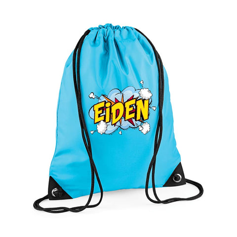 Getagift Personalised with Any Name Comic Pop Art Themed Gift for Children, Kids, Girls/Boys, Back to School, Premium Drawstring Bag, PE Gym Kit School, Swimming, PE Kids Sport Rucksack. (Surf Blue)