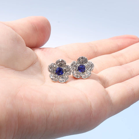 Yheakne Boho CZ Flower Studs Earrings Silver Crystal Earrings Blue Flower Earrings Studs Wedding Earrings Jewelry for Women and Girls