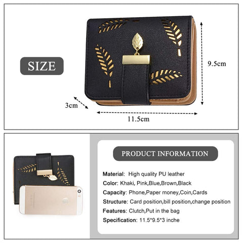 Ladies Purse Wallet, Womens Small Bifold Leather Purses Handbag with Cash/ID/Credit Card Holder Hollow Leaf, Ladies Vegan Coin Purses Wallet Money Bags with Zip Birthday Xmas Gifts for Women Girls