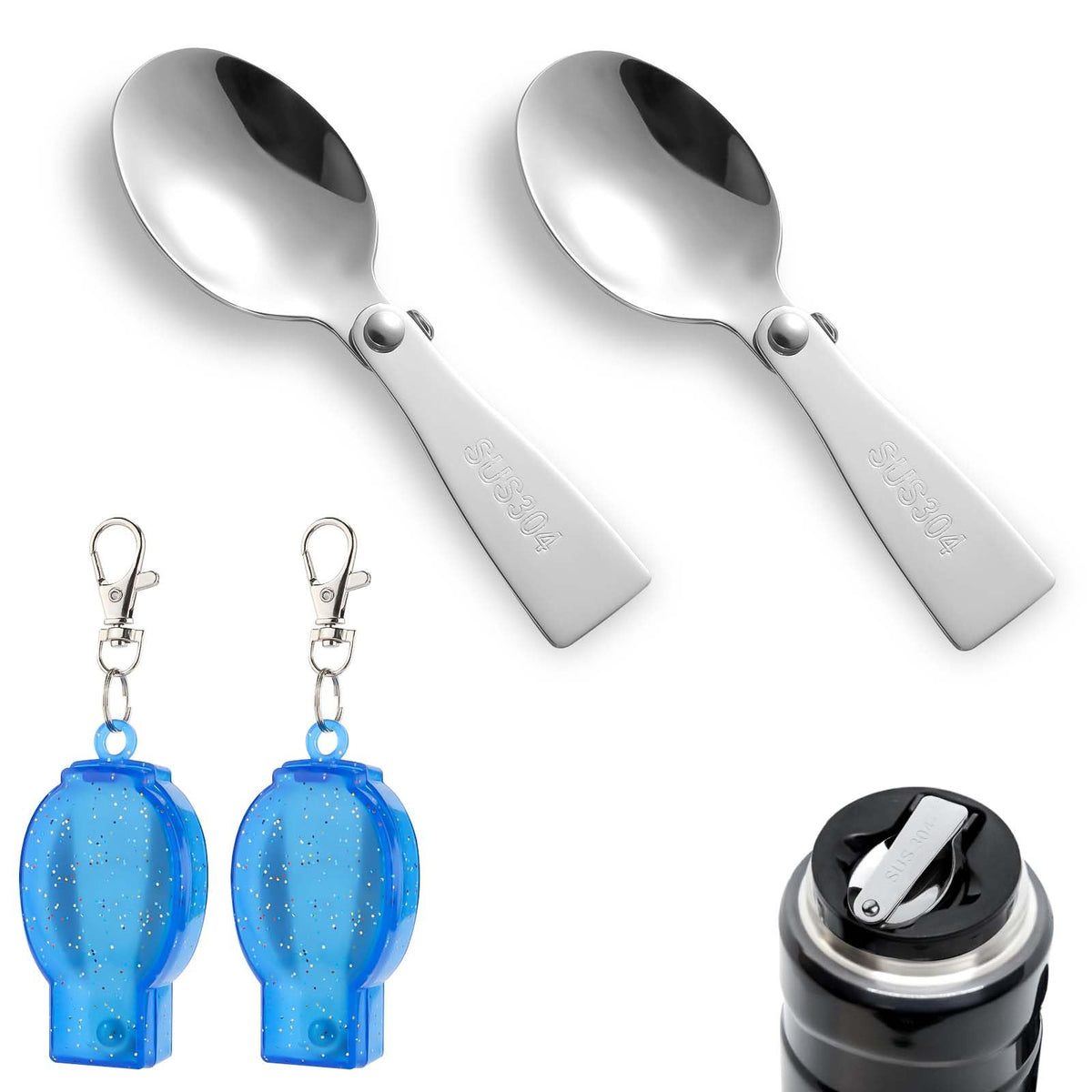 2pcs Folding Spoon for Thermos Funtainer Food Jar 10oz, Stainless Steel Spoons Replacement with Box Metal Foldable Spoon Compatible with Thermos Serving Spoons for Camping Outdoors Picnic