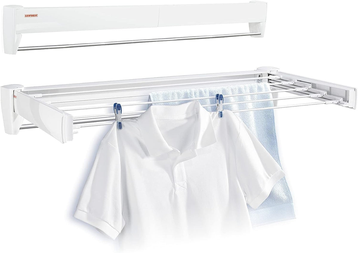 Leifheit Telegant 36 Protect Plus Wall-Mounted Towel Rack, Foldaway Clothes Airer for Indoor & Outdoor, Clothes Drying Rack for Indoor or Outdoor, 3.6 m Drying Space, White, 72 x 37 cm