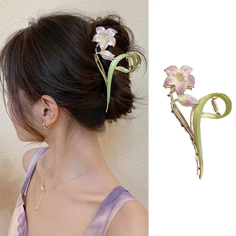 1Pcs Purple Flower Hair Claw Clips Metal Gold Non-Slips Strong Hold Hair Jaw Clips Floral Lily Fashion Hair Barrettes for Women Hair Styling Elegant Hair Clips for Thick or Thin Hair Accessories