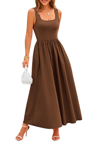 Potany Summer Dresses for Women Casual Sleeveless Square Neck Flowy Long A Line Tank Maxi Sundress Beach Vacation 2024 Spring with Pockets(Brown,L)
