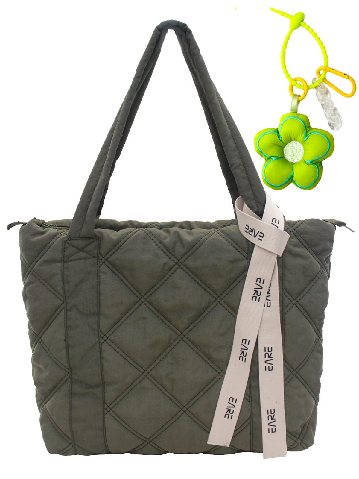 iSamzan Puffer Quilted Tote Bag for Women Puffy Padded Purse with Zipper Work Nylon Soft Purse-Green
