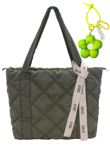 iSamzan Puffer Quilted Tote Bag for Women Puffy Padded Purse with Zipper Work Nylon Soft Purse-Green
