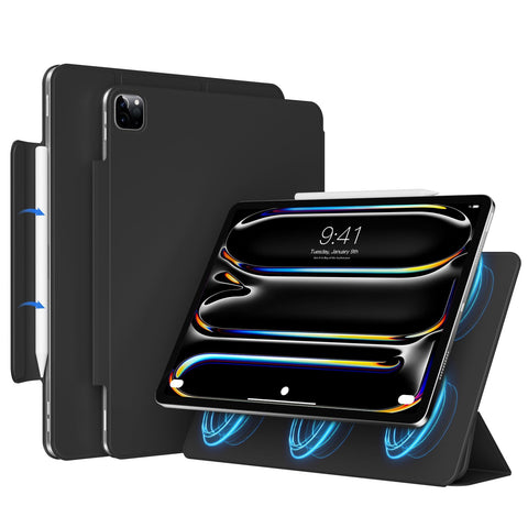 JKSML New Magnetic Case for iPad Pro 11-Inch M4 2024, Slim Trifold Stand Case Supports Pencil Pro and Pencil (USB-C), Auto Wake/Sleep, Non-slip and Scratch-resistant PU Leather (Black)