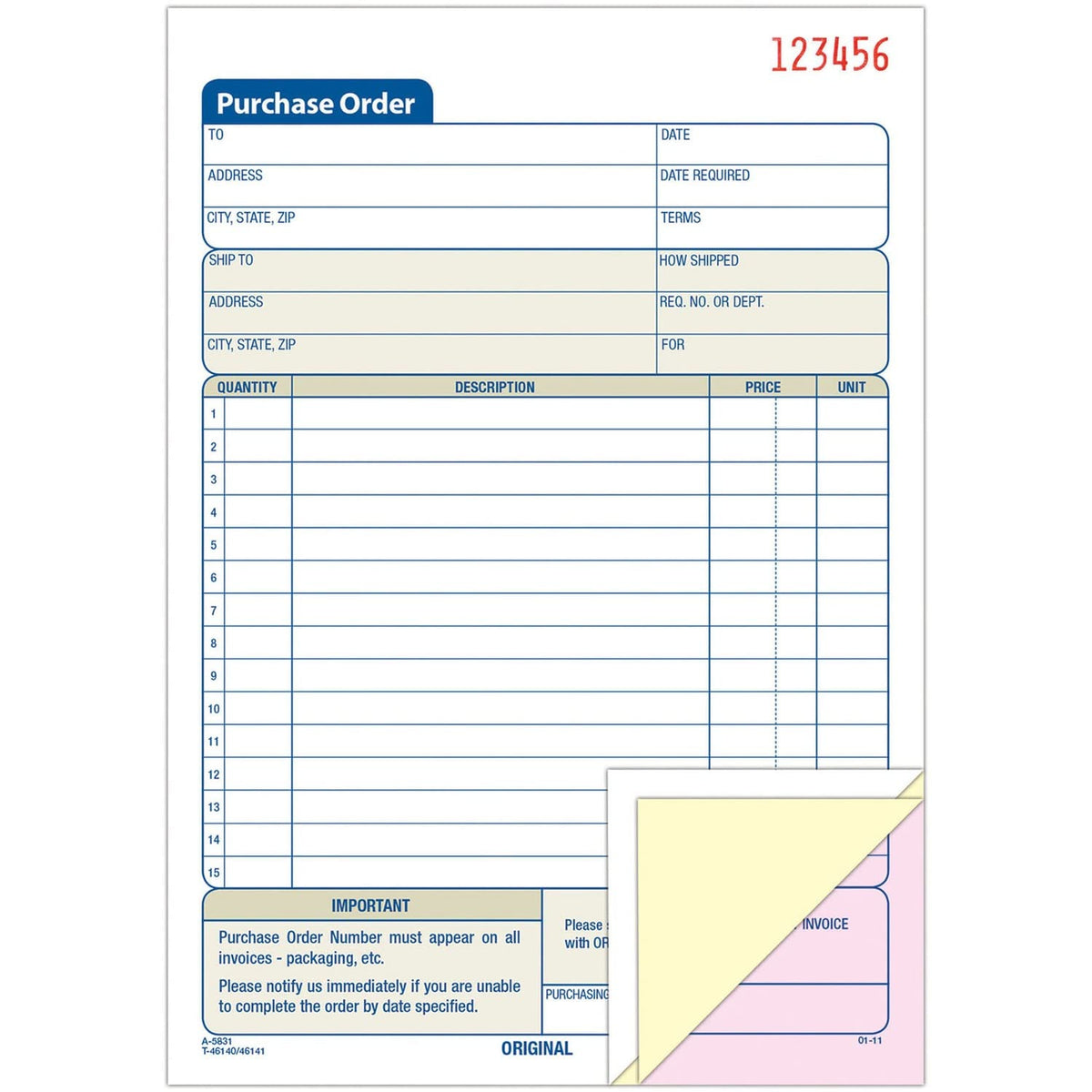 Adams TC5831 Purchase Order Form 3-Part 5-9/16"x8-7/16"