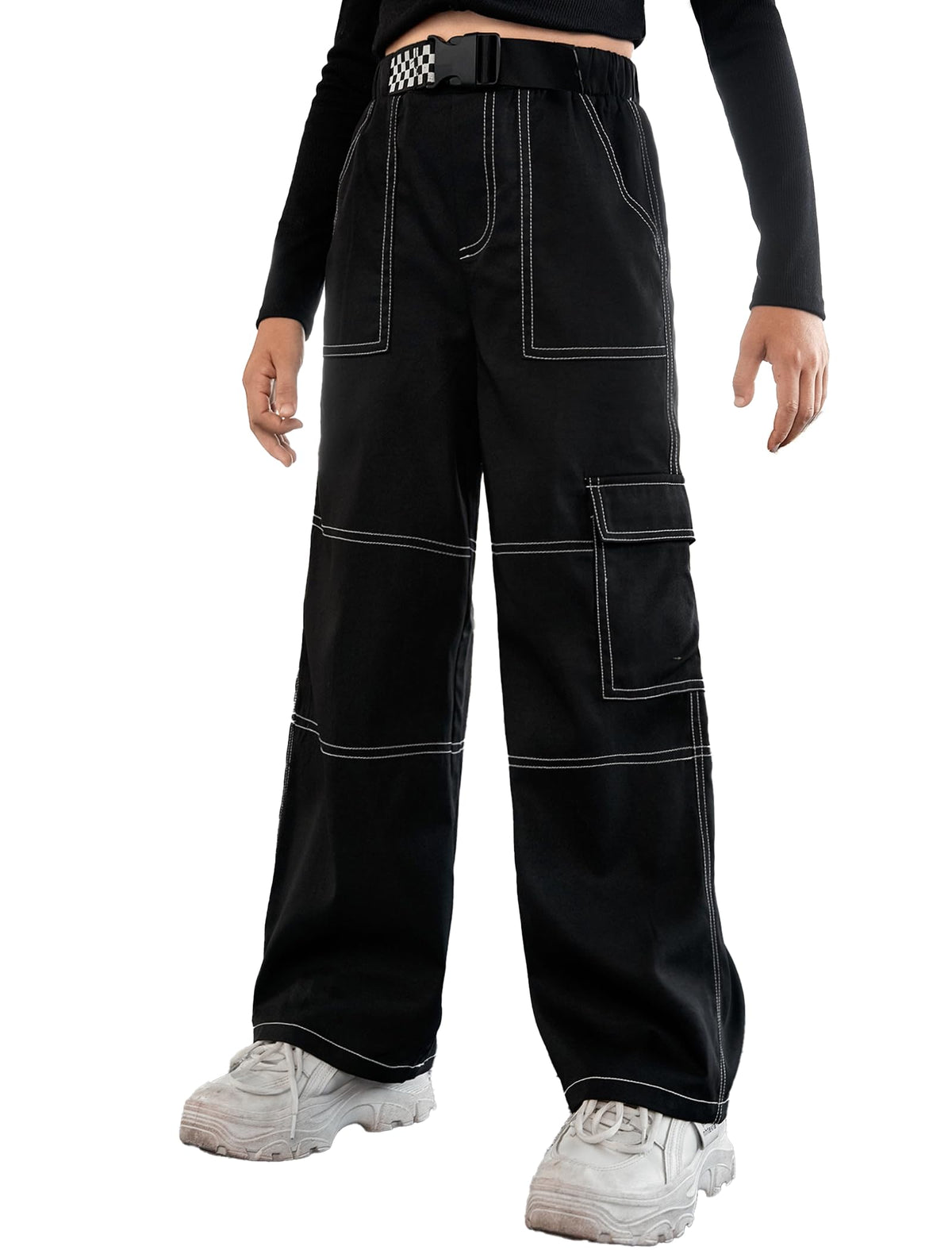 EXARUS Girls Youth Cargo Pants with Pockets High Waist Elastic Hip Hop Dance Wide Leg Loose Trousers Black 14Y