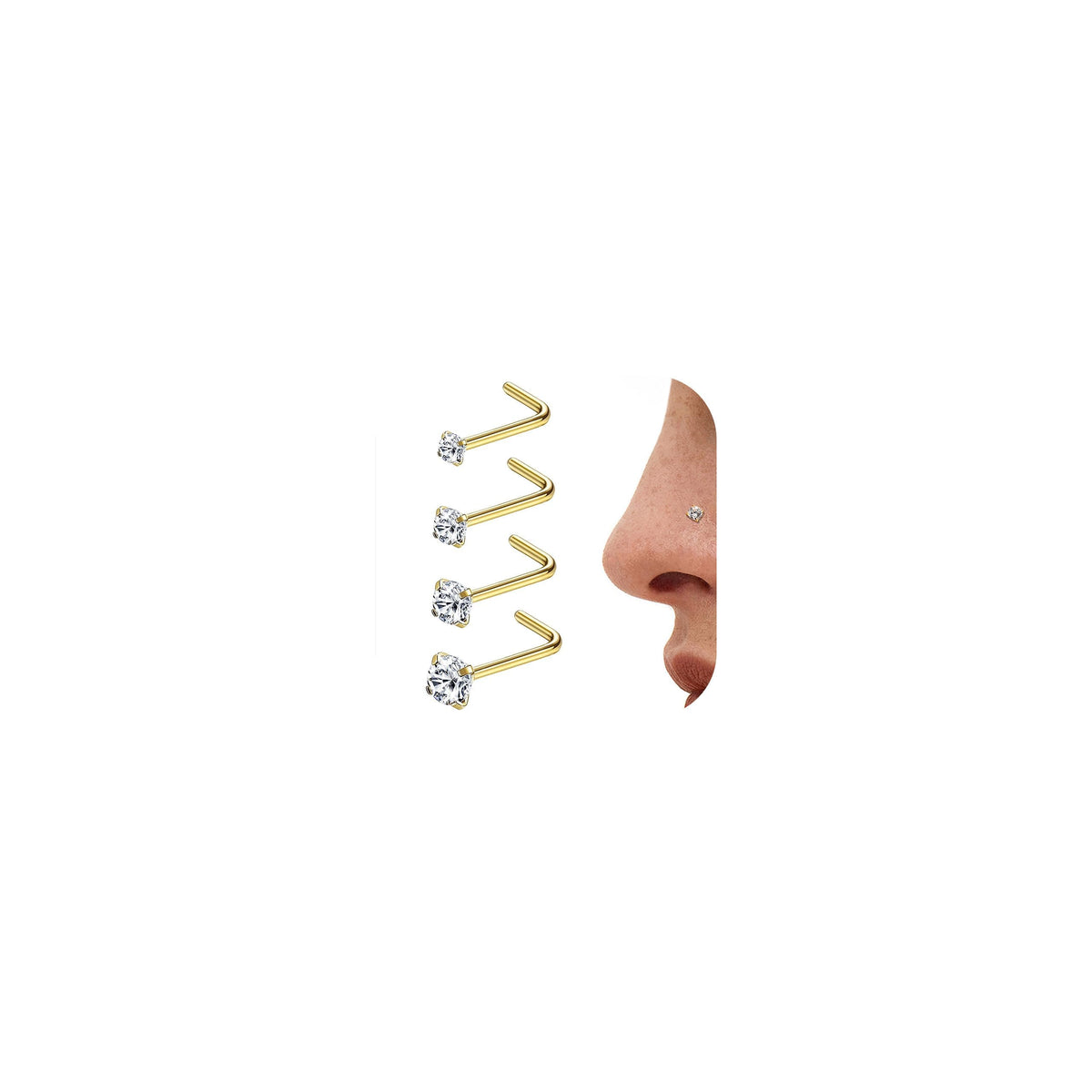 Diamday 4Pcs 20G Nose Studs Rings L Shaped Stainless Steel Straight Corkscrew Curved Nose Ring Hypoallergenic Nostril Piercing Body Jewelry for Women Men 1.5mm 2mm 2.5mm 3mm Gold