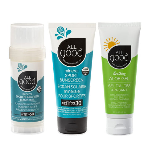 All Good Mineral Sun Care Set - Aloe Gel, SPF 15 Lip Balm, Sport Sunscreen Lotion, Zinc Butter, & Face/Nose/Ear Sunstick