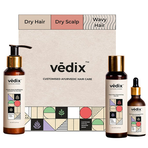 Vedix Customized Hair Fall Control Regimen for Dry Hair - Dry Scalp & Wavy Hair - 3 Product Kit - Anti Hair Fall Oil Onion + Indian Licorice - Nuyantra Pro Hair Growth Serum x Dandruff Care