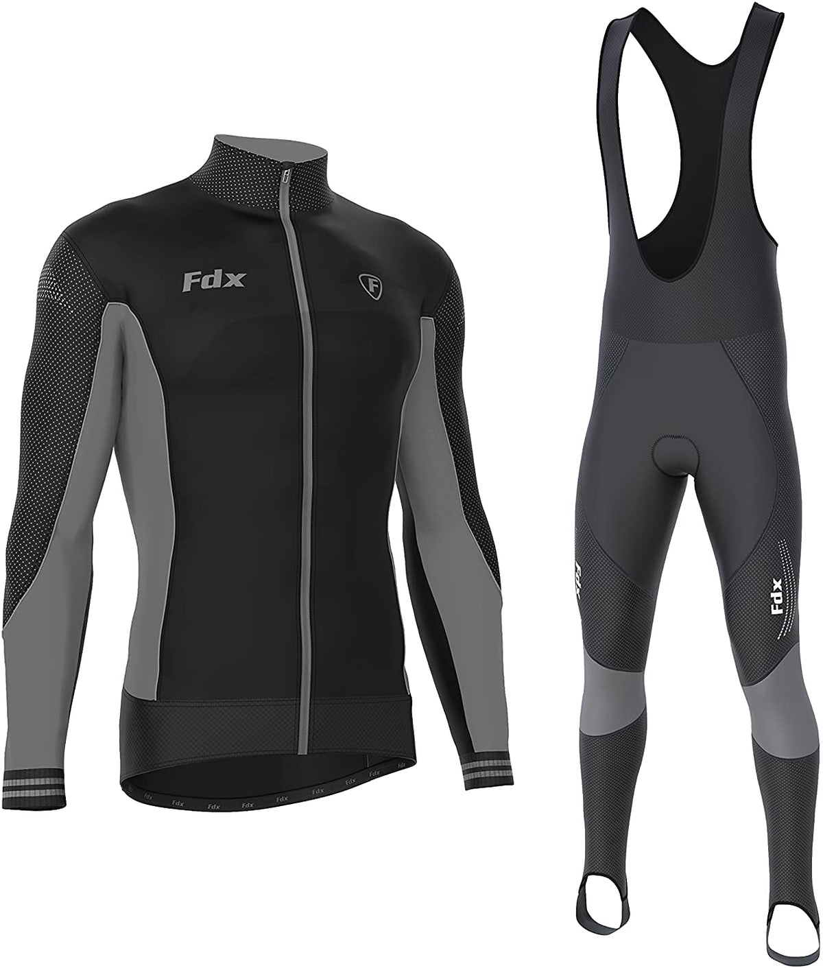 FDX Men's Thermodream Winter Cycling Suit - Italian Thermal Roubaix Windproof Clothing Set - Long Sleeve Jersey with 3D Padded Bib Tight for Biking, Bicycle Riding, Outdoor Sports (Grey-XL)