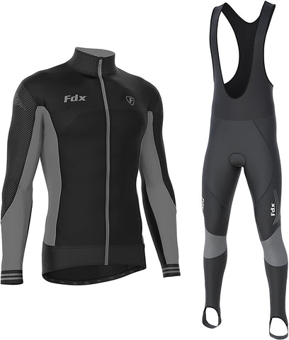 FDX Men's Thermodream Winter Cycling Suit - Italian Thermal Roubaix Windproof Clothing Set - Long Sleeve Jersey with 3D Padded Bib Tight for Biking, Bicycle Riding, Outdoor Sports (Grey-XL)