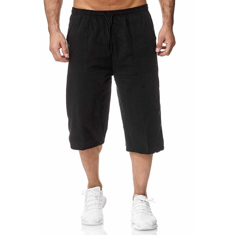 Remxi Men's 3/4 Linen Shorts Baggy Loose Fit Shorts with Zipper Pockets Summer Casual Cargo Trousers Black S