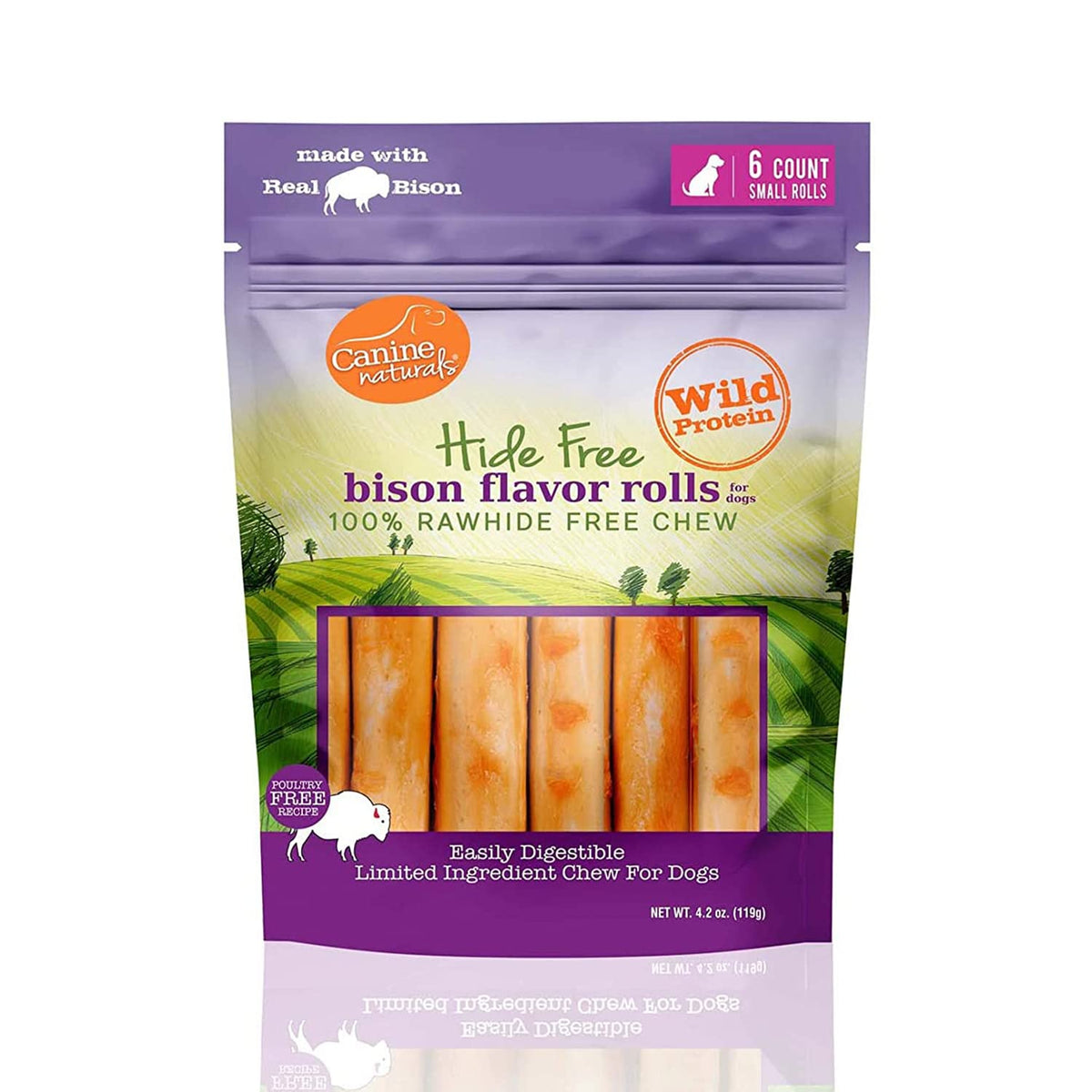 Canine Naturals Bison Chew - Rawhide Free Dog Treats - Made with Real Bison - Poultry Free Recipe - Easily Digestible - 6 Pack of 2.5 Inch Mini Rolls for Dogs 20lb Or Less,
