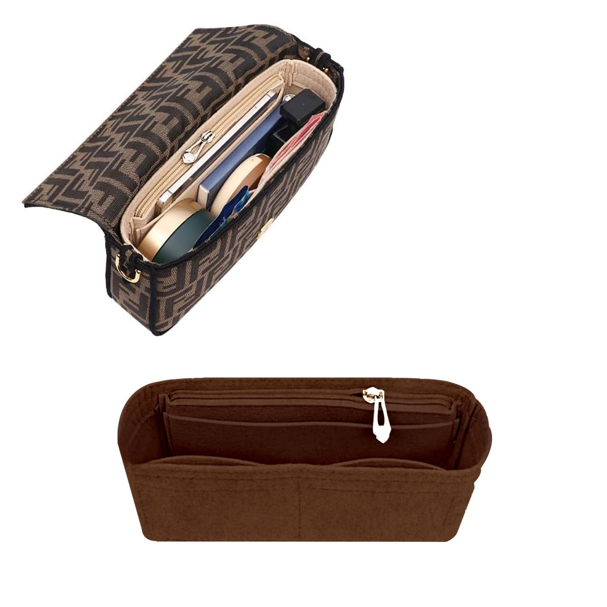 Chispee Purse Organizer Insert Felt Bag Organizer with Zipper for Baguette Small Tote Bag Finishing Inner Bag Handbags Insert Organizer for Women Inner Bladder Bag Storage Bag (Small, Coffee)