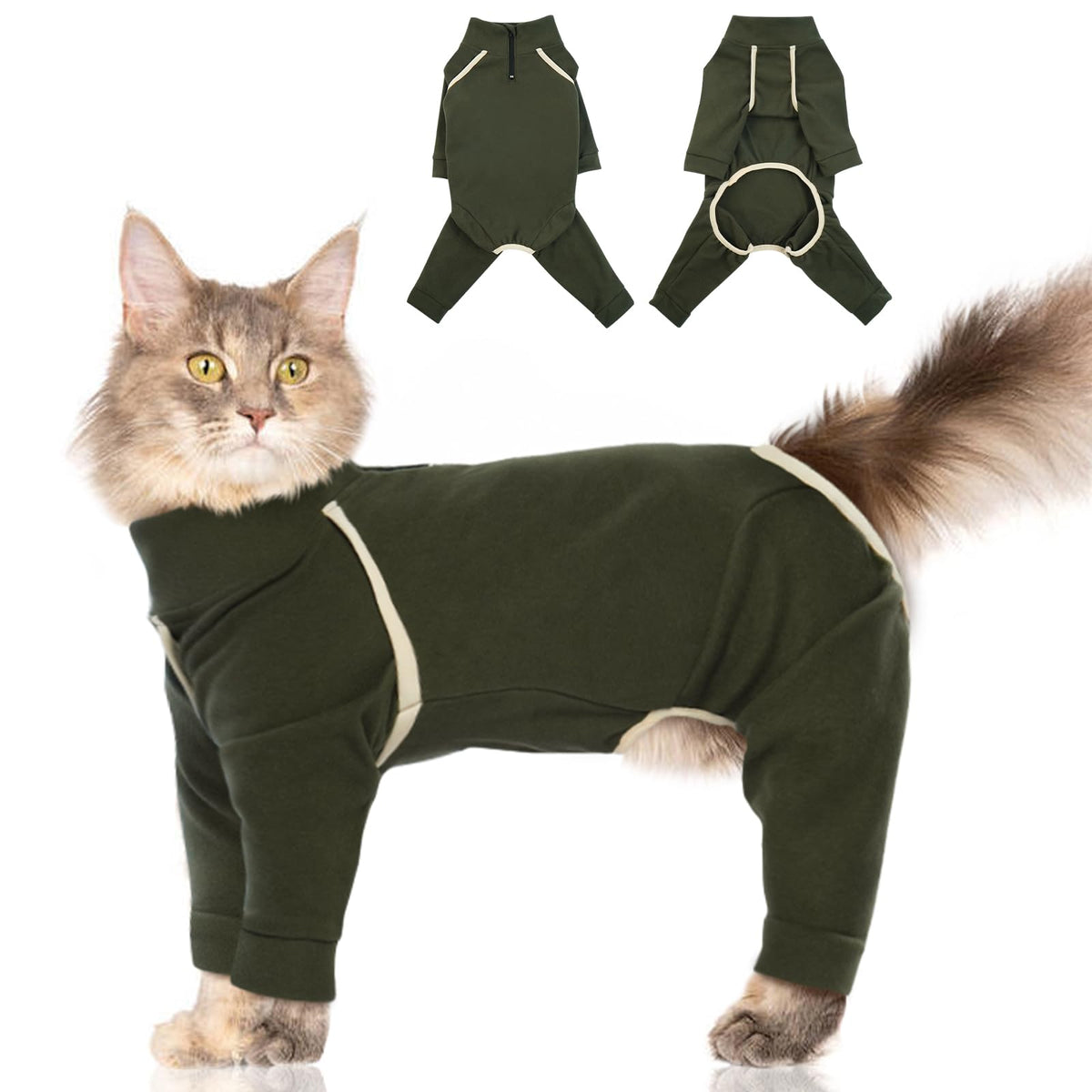 Cat Pajamas for Cats Only - Army Green, L - Prevents Hair Loss Sticky Hair Cat Clothes, Sphynx Cat Clothes, Anti-Licking or Skin Disease Recovery Suit for Female Cats, Pet Apparel for Cat Onesie