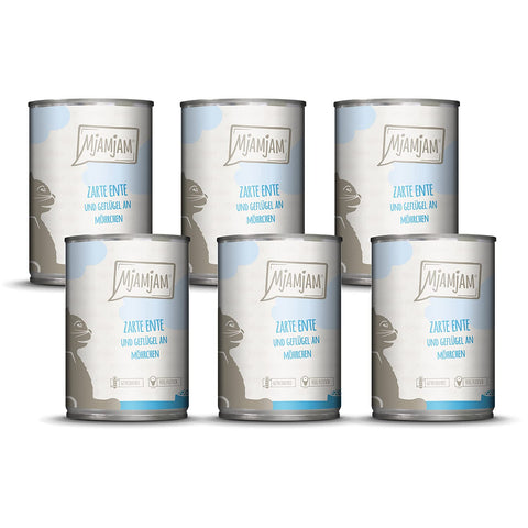MjAMjAM - premium wet food for cats - tender duck & poultry with delicious carrots, pack of 6 (6 x 400 g), grain-free with extra meat