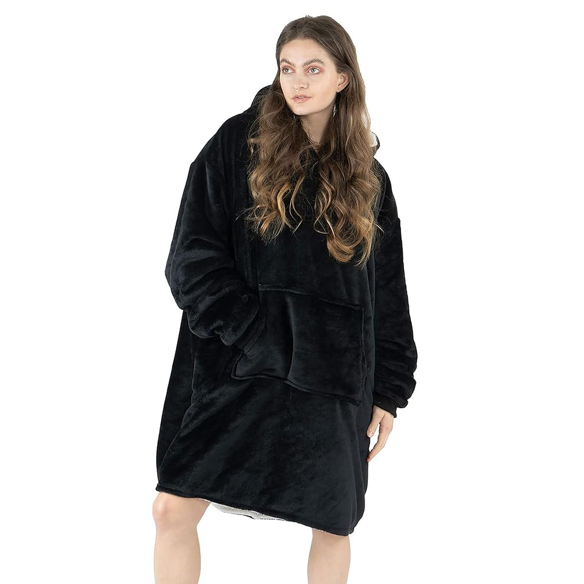 NOROZE Oversized Hooded Blanket With Ultra Soft Sherpa Lining Hoodie Womens Warm Cosy Plush Fleece Blankets Hoodies Mens Thermal Throw Big Pocket Hooded Sweatshirt One Size Fits All Black