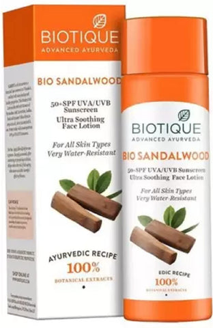 Biotique Bio Sandalwood 50+ SPF UVA/UVB Sunscreen Ultra Soothing Face Lotion, 120 ml (Pack of 2)