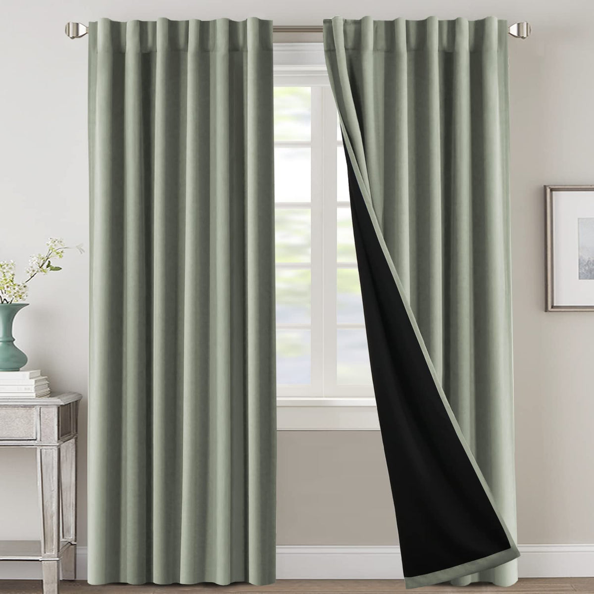 100% Blackout Curtains 2 Panels Full Light Blocking Thermal Insulated Curtains Drapes for Bedroom Living Room Back Tab/Rod Pocket Style with Black Liner (Sage,2x52"Wx84"L)
