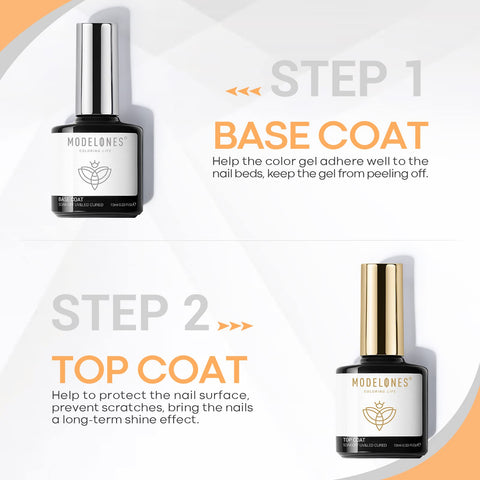 Modelones Gel Top Coat and Base Coat, 2Pcs 10ml Gel Nail Polish No Wipe Top and Base Coat Set, Glossy Shine Long Lasting LED Soak Off For Home DIY and Nail Salon