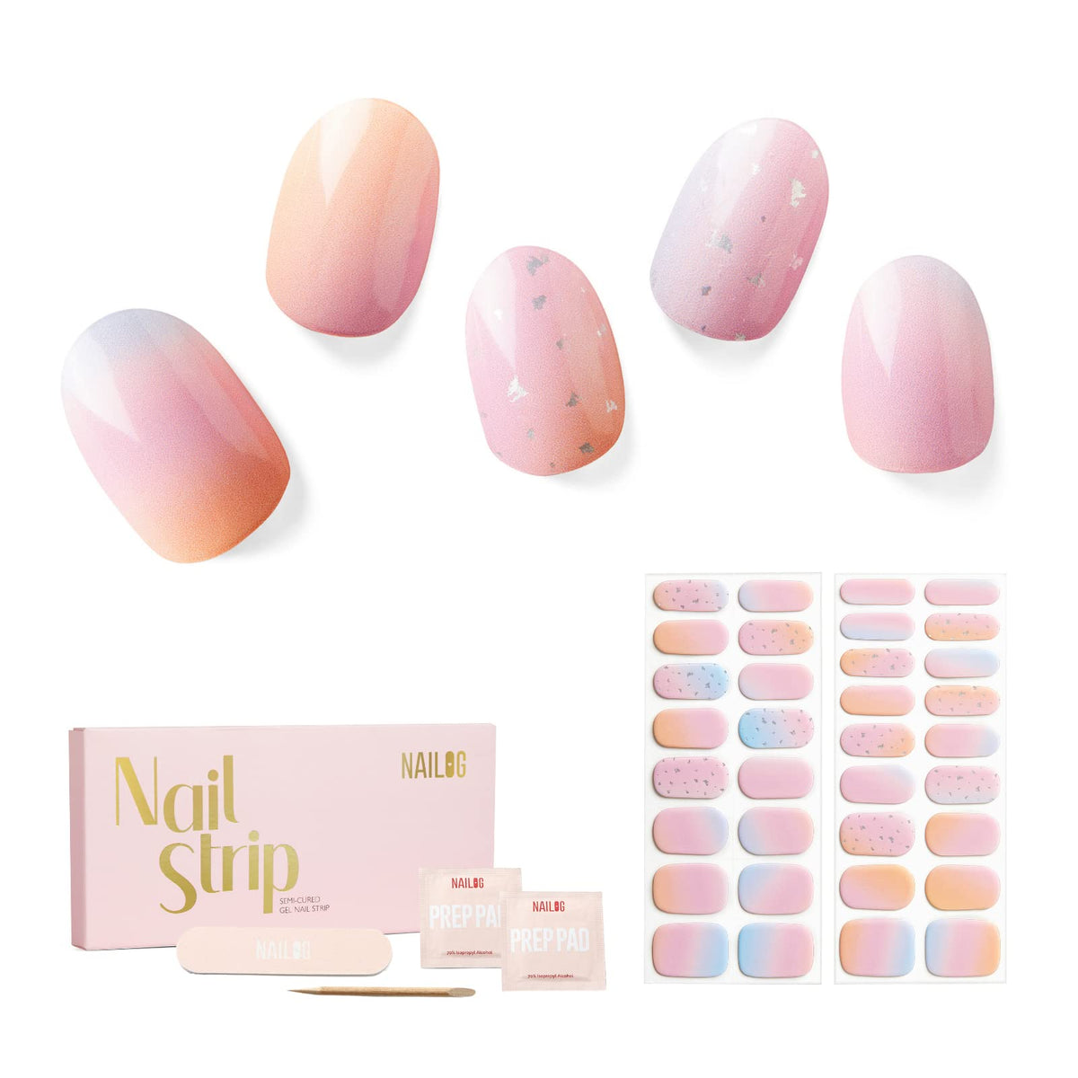 NAILOG Semi Cured Gel Nail Strips, 34 pcs Salon-Quality Gel Nail Stickers, Long Lasting Nail Wraps for Women with Soft Gel Finish, Daydream