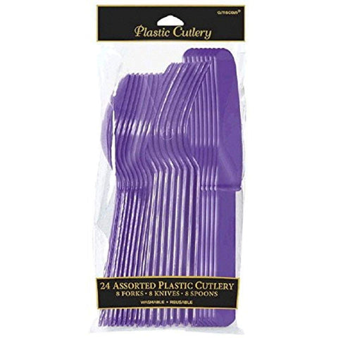 Amscan Party Perfect Reusable Plastic Cutlery Set Tableware, Purple, Full Size, Pack of 24 Party Supplies