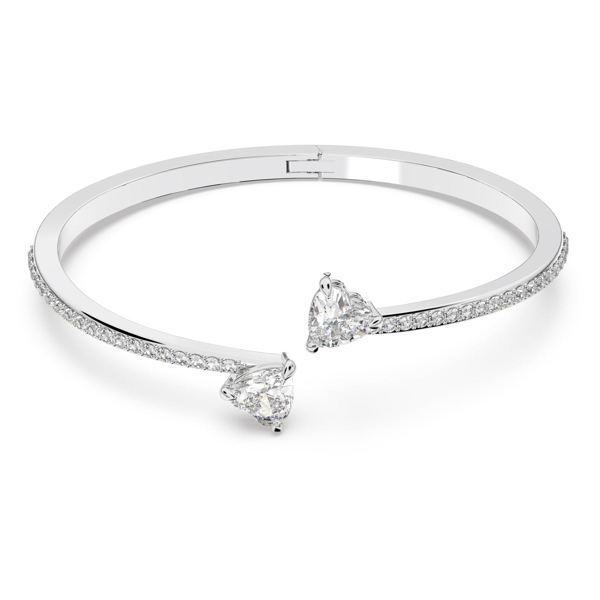 SWAROVSKI Mesmera Bangle Bracelet, Heart-Shaped Clear Crystals on a Rhodium Finish Cuff, Size M, from the Attract Soul Collection