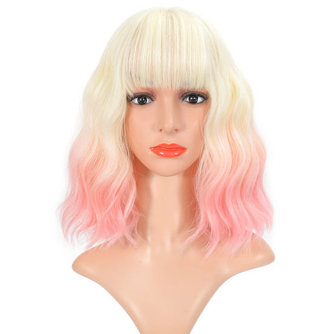 VCKOVCKO Ombre 2 Tone Color Curly Bob Wig With Air Bangs Natural Curly Wavy Short Bob Wigs Women's Shoulder Length Wigs Synthetic Cosplay for Girl Colorful Wigs(12",613-Light Pink)