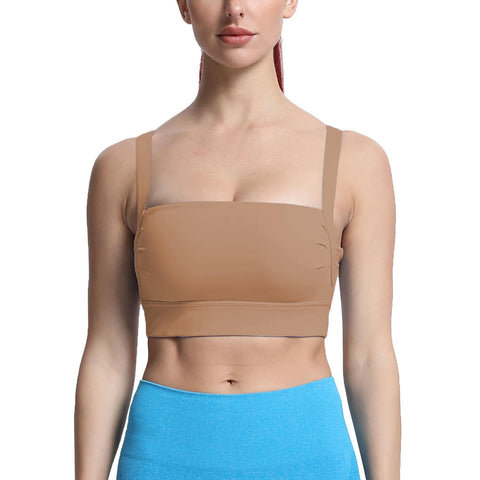 Aoxjox Women's Workout High Impact Sports Bras Fitness Square Neck Balcony Open Back Bra Yoga Crop Tank Top (Brownie, Small)