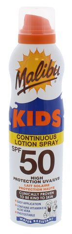 Malibu Sun Kids SPF 50 Continuous Lotion Spray, High Protection, Water Resistant, 175 ml