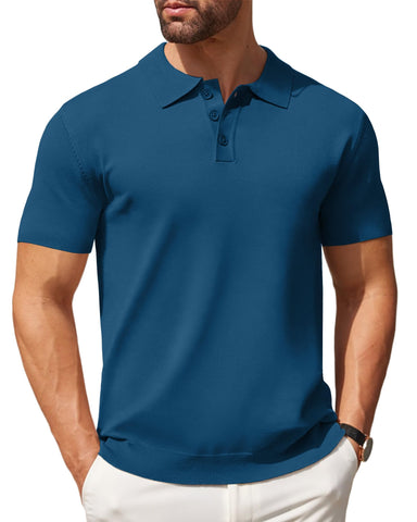 COOFANDY Mens Polo Shirts Pullover Short Sleeve Knit Lightweight Shirt Casual Golf Shirts Denim Blue