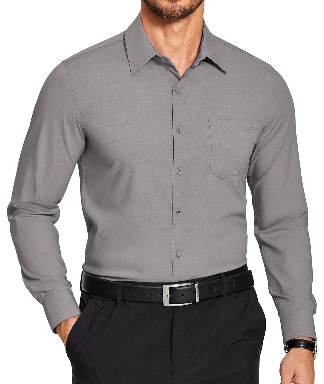 COOFANDY Men's Dress Shirts Wrinkle-Free Long Sleeve Stretch Solid Dress Shirt Formal Business Button Down Shirt Light Grey