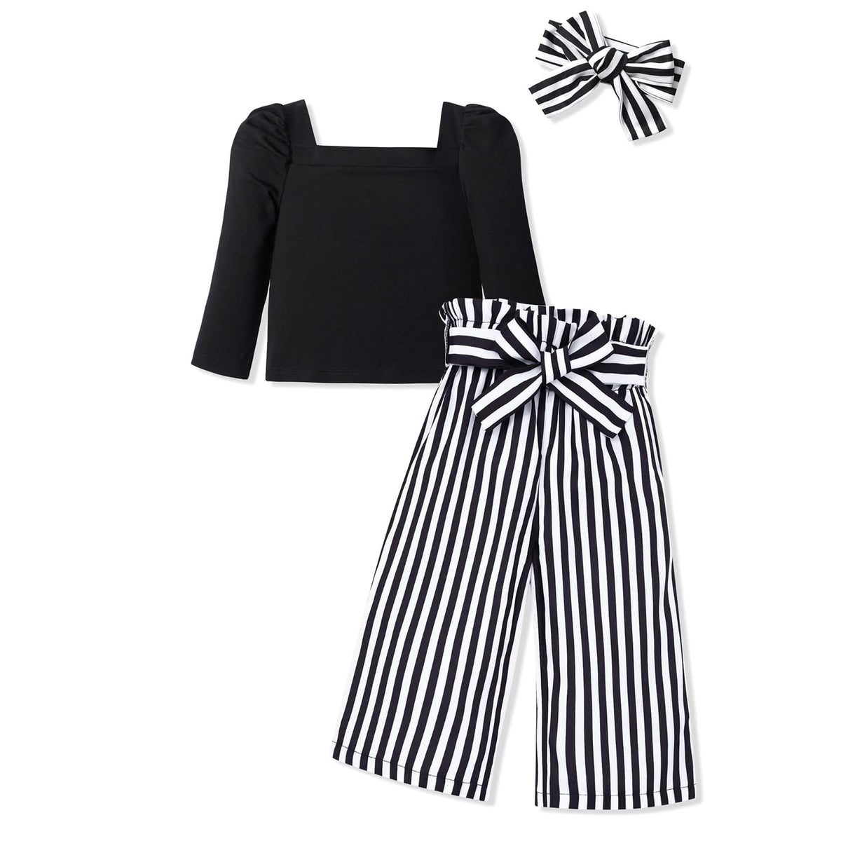 Xumplo Girls Clothes Toddler Outfits Kids Clothing Set Puffy Long Sleeve Top Square Neck T-shirt Two Pieces Striped Wide Leg Pants Sets with headband Black 7-8 Years
