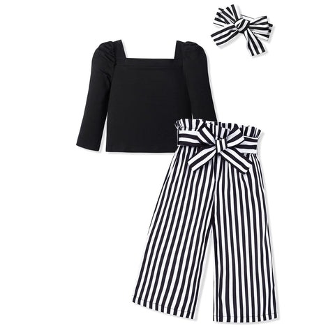 Xumplo Girls Clothes Toddler Outfits Kids Clothing Set Puffy Long Sleeve Top Square Neck T-shirt Two Pieces Striped Wide Leg Pants Sets with headband Black 7-8 Years