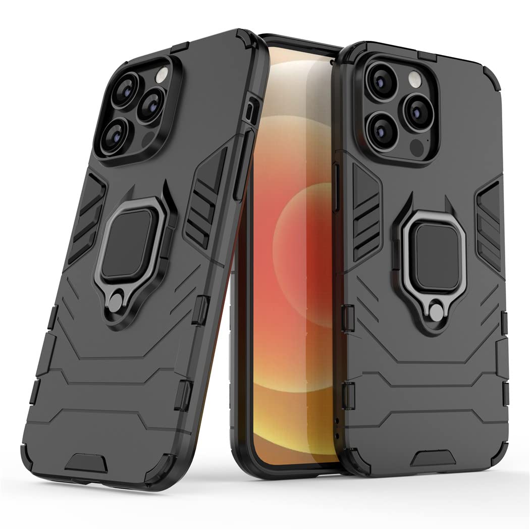 Compatible with Apple iPhone 14 Pro Max Case, Metal Ring Grip Kickstand Shockproof Hard Bumper (Works with Magnetic Car Mount) Dual Layer Rugged Cover (Black)