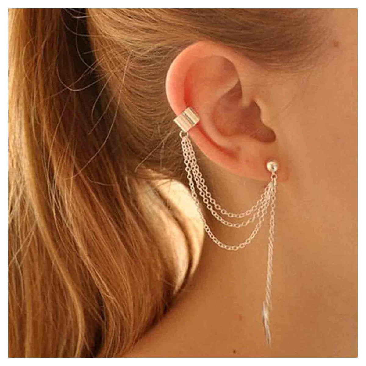 Yheakne Boho Leaf Cuff Chain Earrings Silver Dangle Chain Earrings Cartilage Helix Earrings Cuff Helix to Lobe Chain Earrings Jewelry for Women and Girls