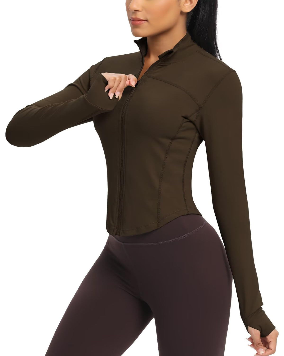 QUEENIEKE Women's Cropped Running Jackets - Zip Up Lightweight Athletic Yoga Gym Tops BBL Jacket with Thumb Holes (Downtown Brown, Small)