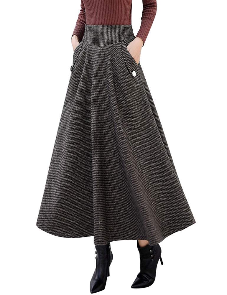 IDEALSANXUN WomenÃ¢â‚¬â„¢s Fall/Winter High Waist Plaid Slim A-line Long Skirt (Small, Coffee)