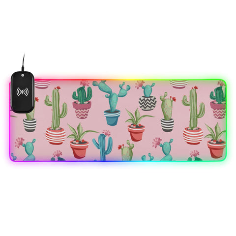 Cacti Flower Cactus Wireless Charging Mouse Pad for Mobile Phone Extra Large Gaming Mousepad with 13 Lighting Modes Computer Mat for Gaming MacBook PC Laptop Desk Office Home