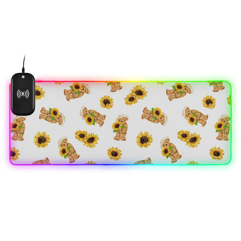Cute Bears Beautiful Sunflowers Wireless Charging Mouse Pad for Mobile Phone Extra Large Gaming Mousepad with 13 Lighting Modes Computer Mat for MacBook PC Laptop Desk Office Home Gaming