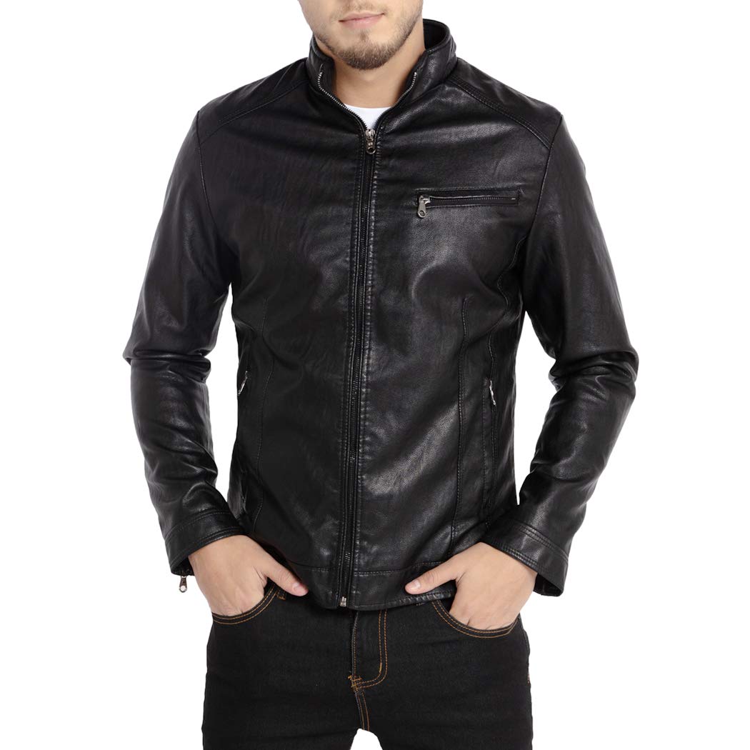 WULFUL Men's Stand Collar Leather Jacket Motorcycle Lightweight Faux Leather Outwear, Black, XL