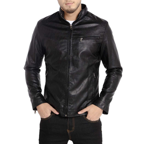 WULFUL Men's Stand Collar Leather Jacket Motorcycle Lightweight Faux Leather Outwear, Black, XL