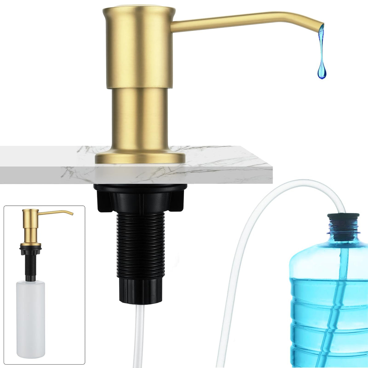 CREA Soap Dispenser for Kitchen Sink, Soap Dispenser Built-in, Sink Soap Dispenser for Kitchen, Liquid Soap Dispenser for Sink with 17 OZ Bottle and 39" Extension Tube Kit,Gold