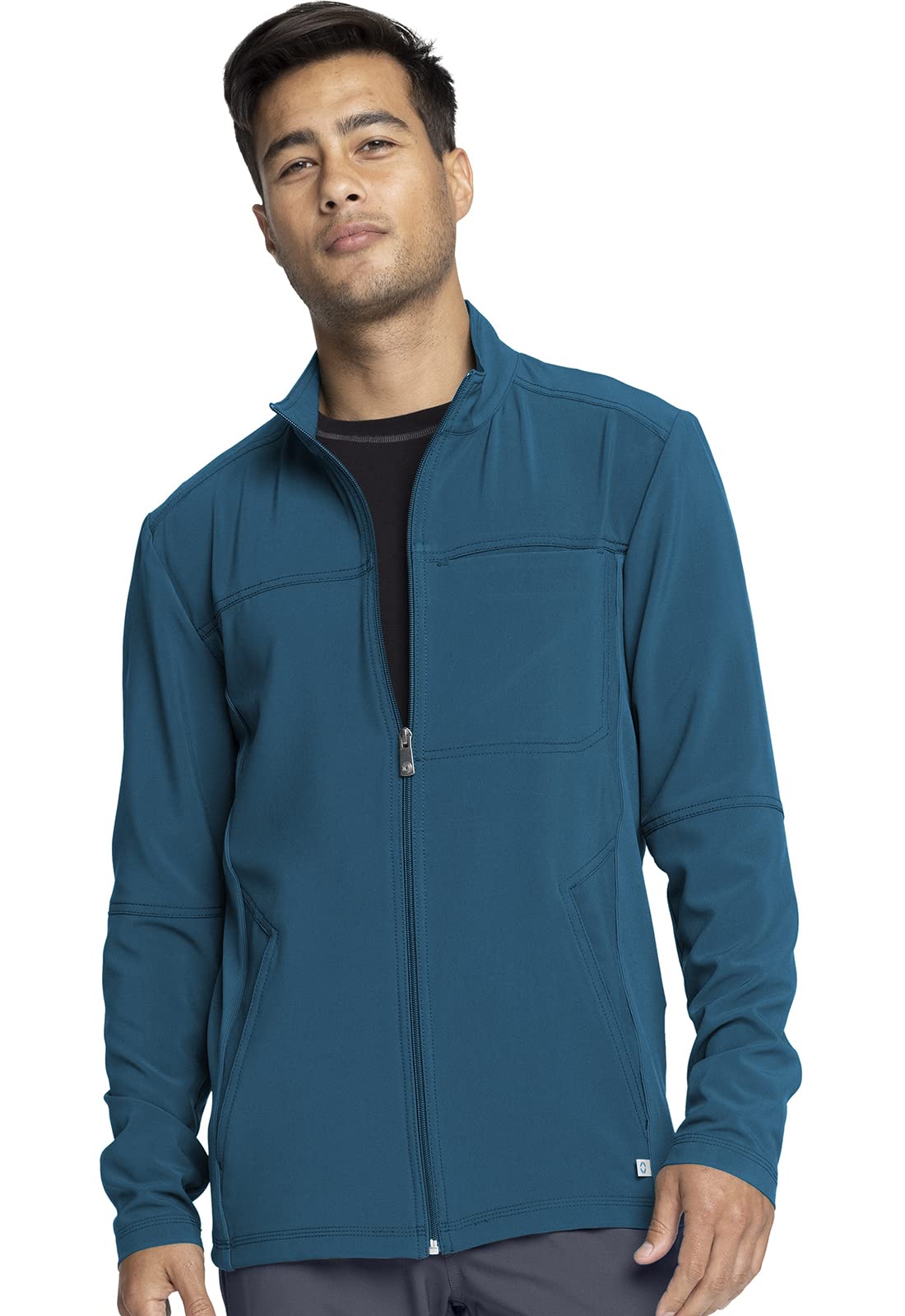 Infinity Cherokee Men's Zip Front Jacket Modern Fit Rib-Knit Panels with 3 Pockets and Knit Sleeve Panel CK332A, S, Caribbean Blue